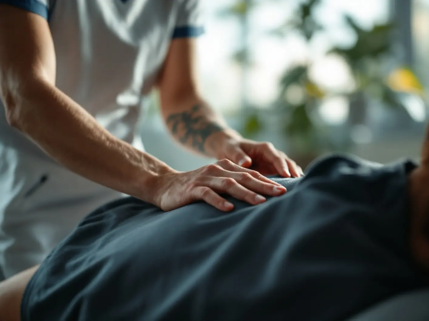 A physiotherapist working with a patient while an orthopedic doctor reviews scans